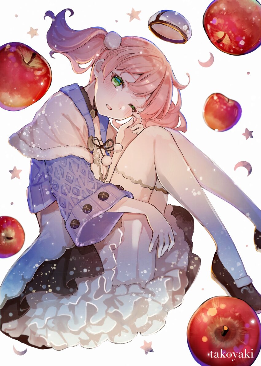 1girl apple artist_name atelier_(series) atelier_escha_&amp;_logy braid brown_shoes commentary_request crescent escha_malier food frilled_skirt frills fruit full_body green_eyes hair_ornament hat highres hitoba jacket knees_up layered_skirt long_hair long_sleeves looking_at_viewer one_eye_closed open_mouth pink_hair pom_pom_(clothes) pom_pom_hair_ornament purple_jacket ribbon rubbing_eyes shoes sitting skirt sleepy solo star_(symbol) thighhighs twintails unworn_hat unworn_headwear white_thighhighs