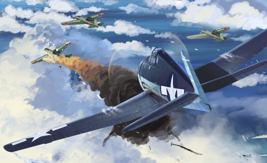 aircraft airplane cloud day f6f_hellcat fighter_jet highres imperial_japanese_navy jet military military_vehicle mo_yu_de_jiaozi original outdoors propeller_fighter united_states_navy vehicle_focus