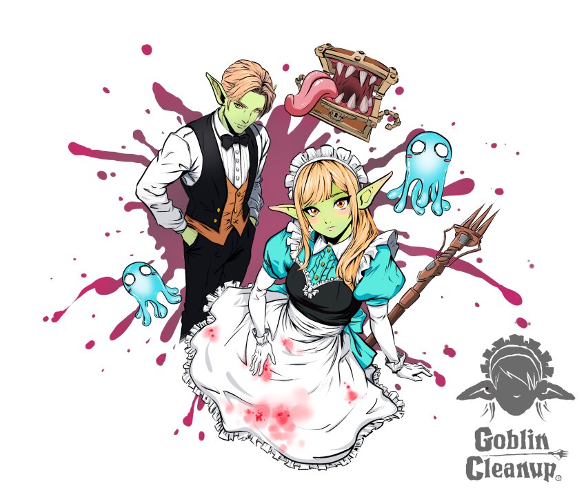 1boy 1girl absurdres apron artist_request blood blood_on_clothes blood_splatter blush breasts butler colored_skin commentary copyright_name english_commentary female_goblin goblin goblin_cleanup green_skin hands_in_pockets head_tilt highres logo looking_at_viewer maid maid_apron maid_headdress medium_breasts mimic mimic_chest official_art orange_hair pointy_ears red_eyes slime_(creature) yellow_eyes