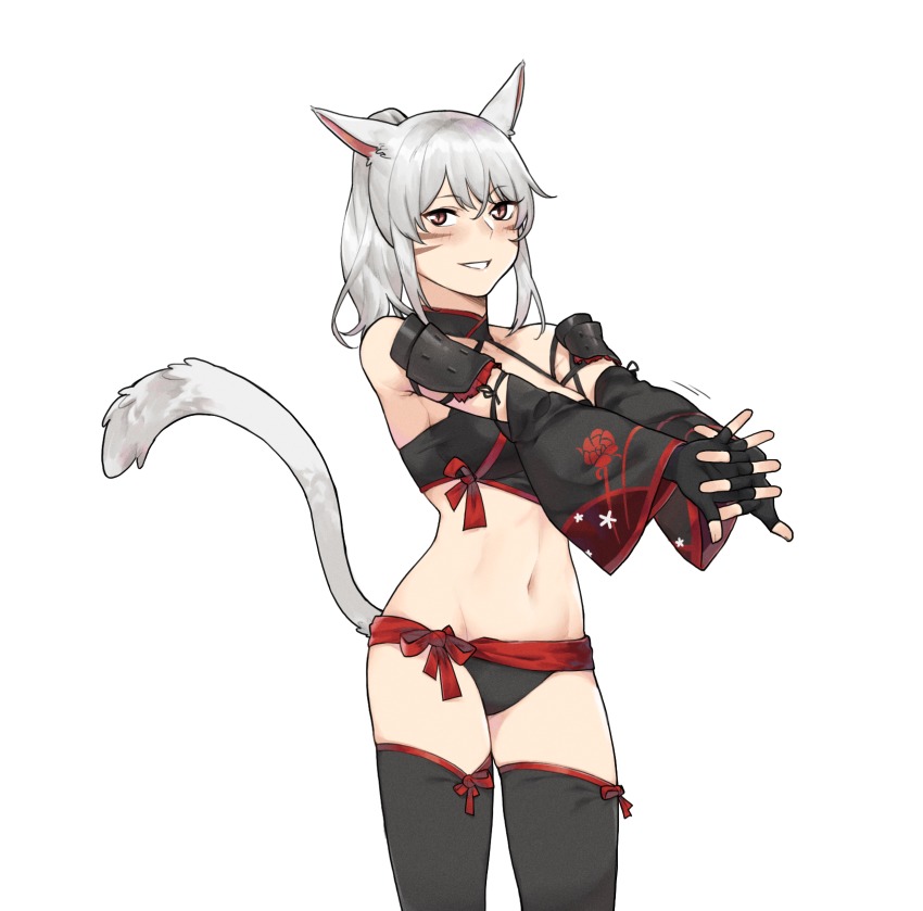 1girl animal_ears arm_guards bad_id bad_pixiv_id black_bra black_gloves black_panties black_thighhighs blush bra cat_ears cat_tail detached_sleeves facial_mark final_fantasy final_fantasy_xiv fingerless_gloves gloves halterneck highres long_hair looking_at_viewer mimyo miqo&#039;te navel panties parted_lips pink_eyes ponytail simple_background slit_pupils smile solo stomach tail thighhighs underwear whisker_markings white_background