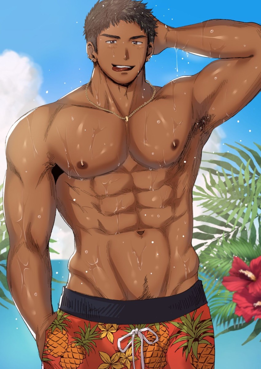 1boy abs bara hashikure_taro highres male_focus muscular naughty_face outdoors solo summer tongue topless_male