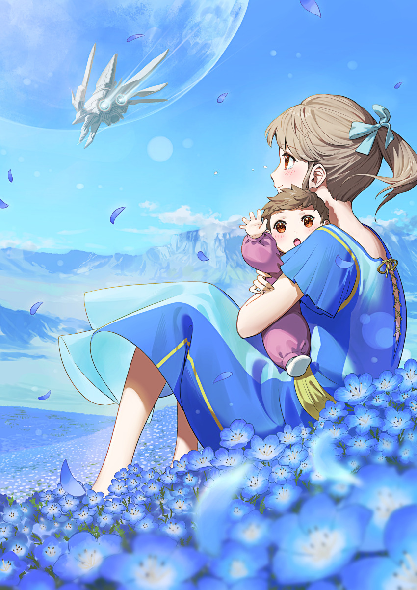 1girl 1other absurdres aircraft blue_dress blue_ribbon blue_sky blush brown_hair cliff cloud dress falling_petals field flower flower_field from_side hair_ribbon highres holding_baby knees_up light_smile looking_afar moon nemoto_yuuma open_mouth original outdoors petals ponytail red_eyes ribbon sash scenery short_sleeves sitting sky tears tie-back_dress yellow_sash