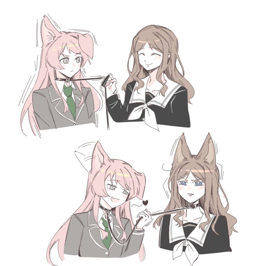 2girls ^_^ animal_ears bang_dream! bang_dream!_it&#039;s_mygo!!!!! black_collar blue_eyes blue_shirt brown_hair chihaya_anon closed_eyes closed_mouth collar commentary fang fox_ears fox_girl green_necktie grey_eyes grey_jacket haneoka_school_uniform heart highres holding holding_leash jacket kemonomimi_mode leash long_hair long_sleeves multiple_girls nagasaki_soyo neckerchief necktie pink_hair school_uniform shirt sidelocks simple_background skin_fang tin_g tsukinomori_school_uniform white_background white_neckerchief yuri