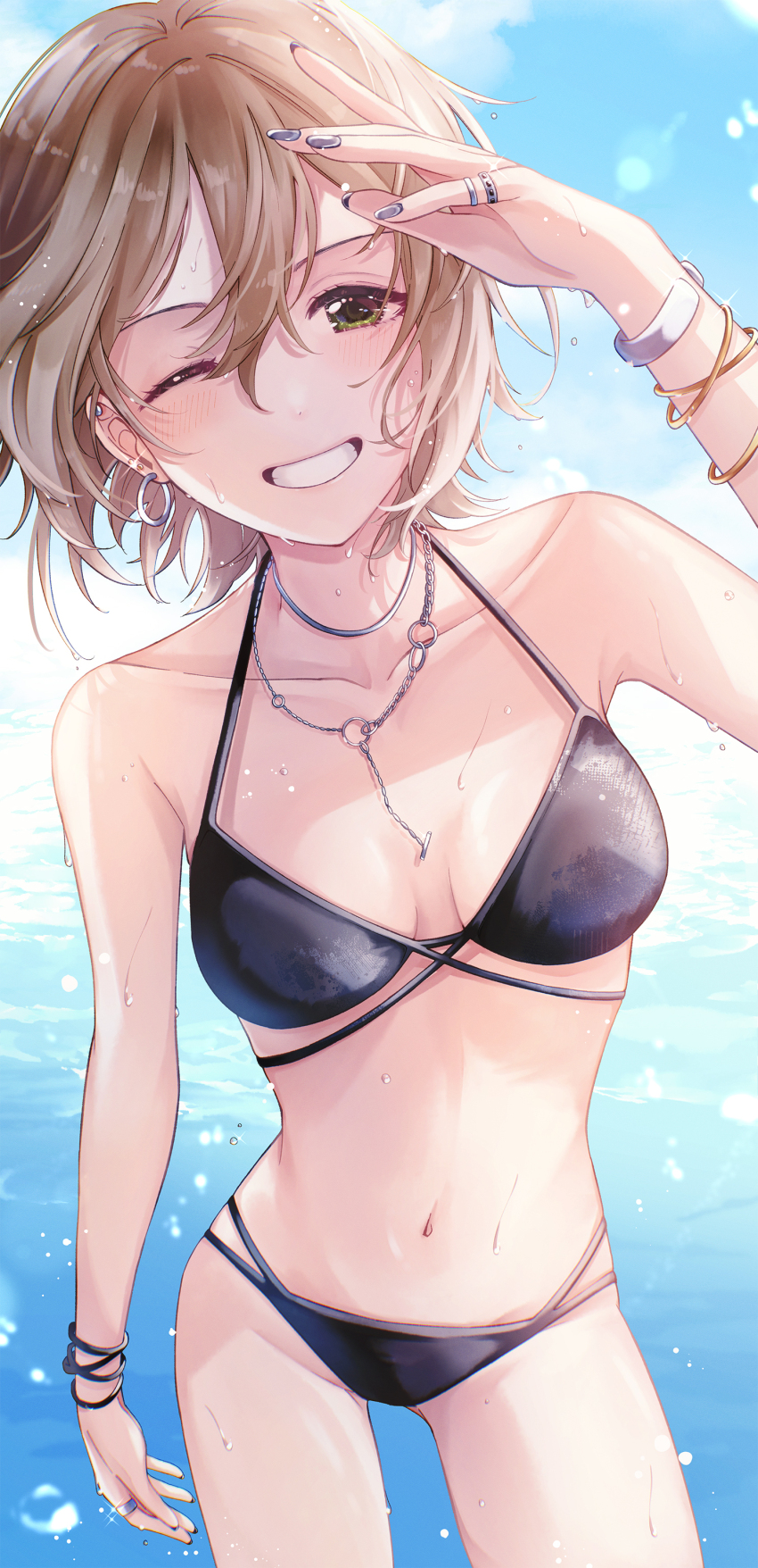 1girl ;d absurdres armpits bikini black_bikini bracelet breasts breasts_apart brown_hair collarbone earrings fingernails green_eyes hair_between_eyes halterneck highres hoop_earrings idolmaster idolmaster_cinderella_girls jewelry kimura_natsuki kumatsuki_(no-kirin) looking_at_viewer nail_polish navel necklace one_eye_closed open_mouth short_hair small_breasts smile solo stomach string_bikini swimsuit