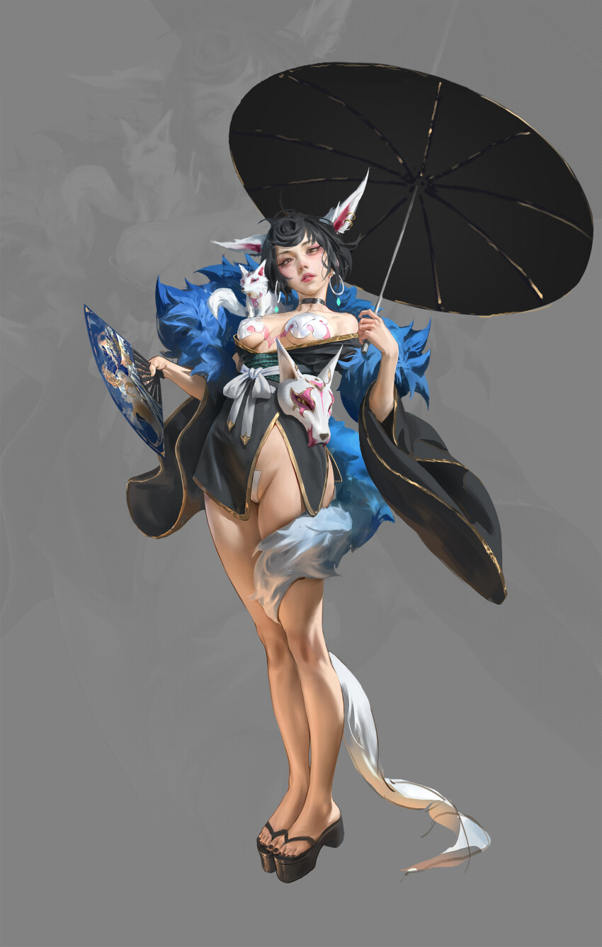 1girl absurdres animal_ear_fluff animal_ears bandaid bandaid_on_pussy black_kimono black_umbrella breasts cameltoe choker covered_pussy folding_fan grey_background groin hand_fan highres holding holding_fan holding_umbrella japanese_clothes kimono looking_at_viewer medium_breasts off_shoulder original parasol pasties platform_footwear short_hair short_kimono simple_background solo tail umbrella vergilhoo wolf_ears wolf_girl wolf_tail