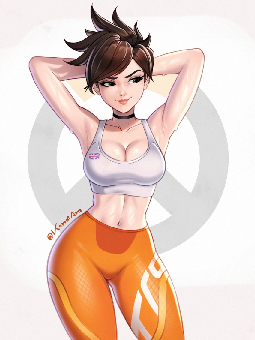 1girl choker konomiarts leggings midriff navel_piercing orange_pants overwatch overwatch_2 pants piercing short_hair sports_bra tomboy tracer_(overwatch) yoga_pants