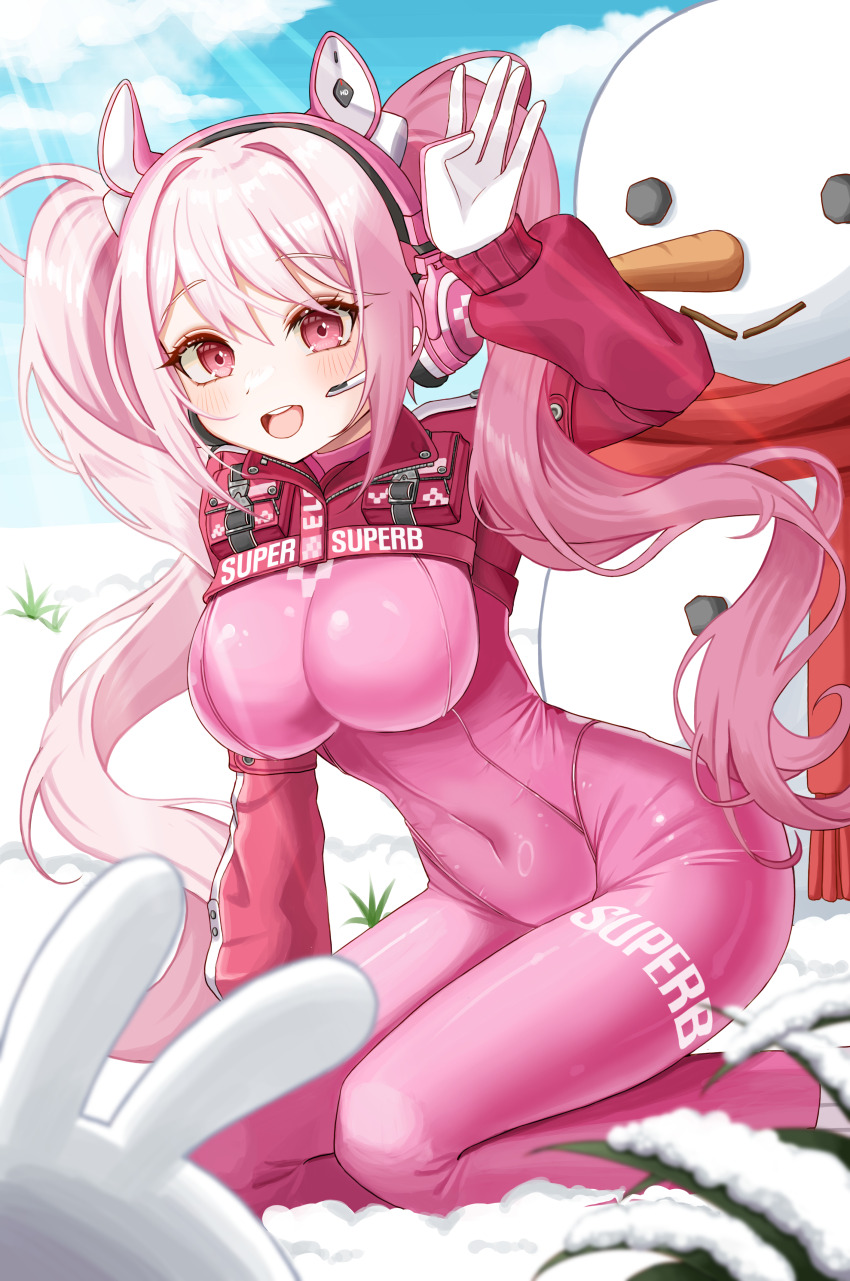 1girl absurdres alice_(nikke) animal_ears bodysuit breasts buckle carrying cloud coal cropped_jacket full_body gloves goddess_of_victory:_nikke grass hand_up headset highres jacket kneeling large_breasts long_hair long_sleeves looking_at_viewer open_mouth outdoors pink_bodysuit pink_eyes pink_hair pouch rabbit_ears red_jacket red_scarf round_teeth scar scarf shoulder_pouch smile snow snowman solo strap sunlight teeth twintails yurang_heart