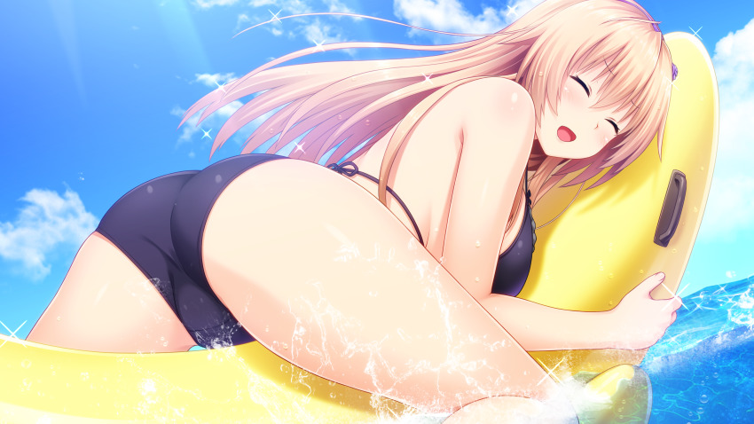 1girl absurdres ass bikini black_bikini blonde_hair blush breasts closed_eyes cloud day from_behind game_cg groin hair_between_eyes happy highres inflatable_toy kyouno_hana large_breasts legs long_hair lying nekonyan ocean on_stomach open_mouth original outdoors sitting sky smile sparkle swimsuit thighs tonari_ni_kanojo_no_iru_shiawase_~curious_queen~ trefoil water wet