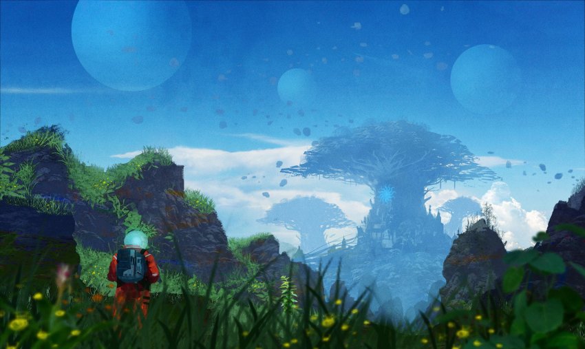 1other ambiguous_gender backpack bag blurry blurry_foreground cloud commentary fishbowl_helmet flower giant_tree glowing grass helmet highres kiginobiru_(hayapi) nature original outdoors planet scenery science_fiction sky spacesuit tree very_wide_shot