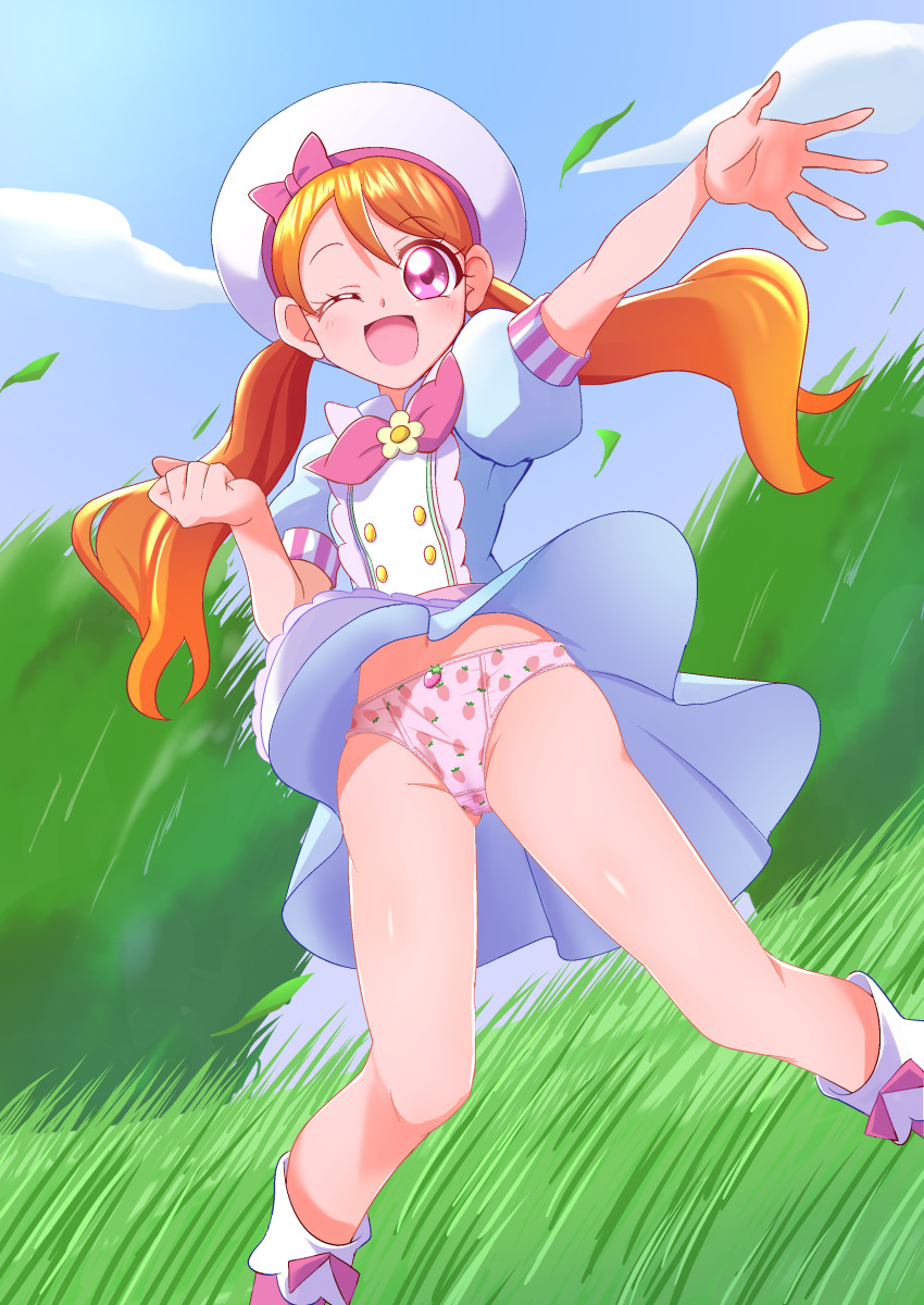 1girl ;d absurdres ascot beret blue_dress blue_sky boots bow bow_panties bush clenched_hand clothes_lift cloud cloudy_sky commentary commission crotch_seam day dress dress_lift food_print grass hat hat_bow highres kirakira_precure_a_la_mode long_hair looking_at_viewer one_eye_closed open_mouth orange_hair outdoors panties pink_ascot pink_eyes pink_footwear pink_panties precure print_panties puffy_short_sleeves puffy_sleeves reaching short_dress short_sleeves skeb_commission sky smile solo standing strawberry_panties strawberry_print tirofinire twintails underwear usami_ichika white_hat wind wind_lift