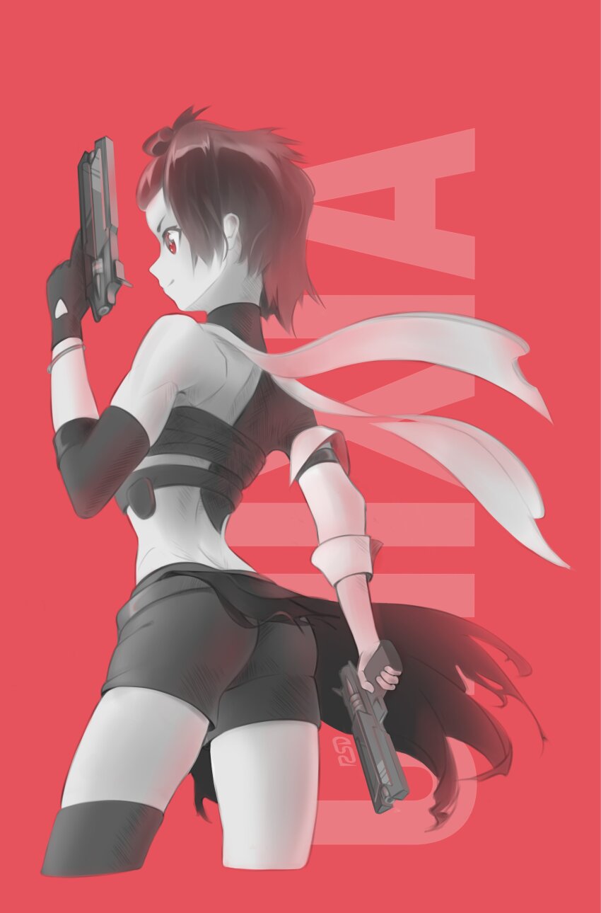 1girl absurdres ass chixia_(wuthering_waves) coat cropped_legs dual_wielding from_behind gloves gun handgun highres holding holding_gun holding_weapon red_eyes simple_background single_glove single_thighhigh standing starflight tagme thighhighs weapon white_coat wuthering_waves