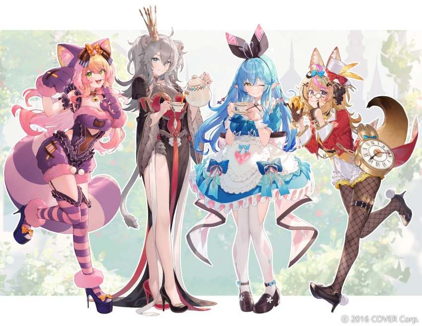 4girls animal_ear_fluff animal_ears animal_hands black_dress blonde_hair blue_dress blue_hair breasts cleavage coat commentary_request crown dress elf fishnet_pantyhose fishnets fox_ears fox_girl fox_tail full_body gloves green_eyes grey_eyes grey_hair grey_tail highres hololive large_breasts leotard lion_ears lion_girl lion_tail momosuzu_nene multiple_girls nepolabo omaru_polka one_eye_closed pantyhose paw_gloves pointy_ears red_coat rin31153336 shishiro_botan tail virtual_youtuber white_leotard yellow_eyes yukihana_lamy