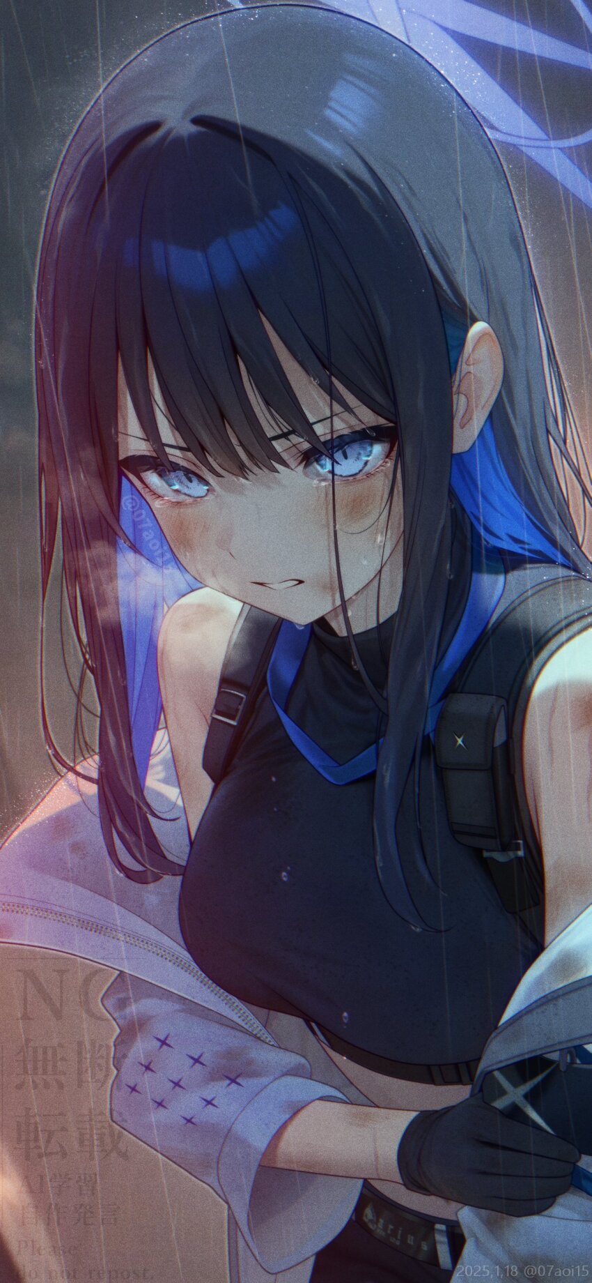 1girl absurdres aoi_(07aoi15) black_pants black_tank_top blue_archive blue_eyes blue_hair colored_inner_hair dirty dirty_clothes dirty_face hair_between_eyes highres holding_own_arm injury jacket long_hair looking_at_viewer multicolored_hair open_mouth pants rain saori_(blue_archive) scratches sidelocks sleeveless tank_top tears twitter_username white_jacket