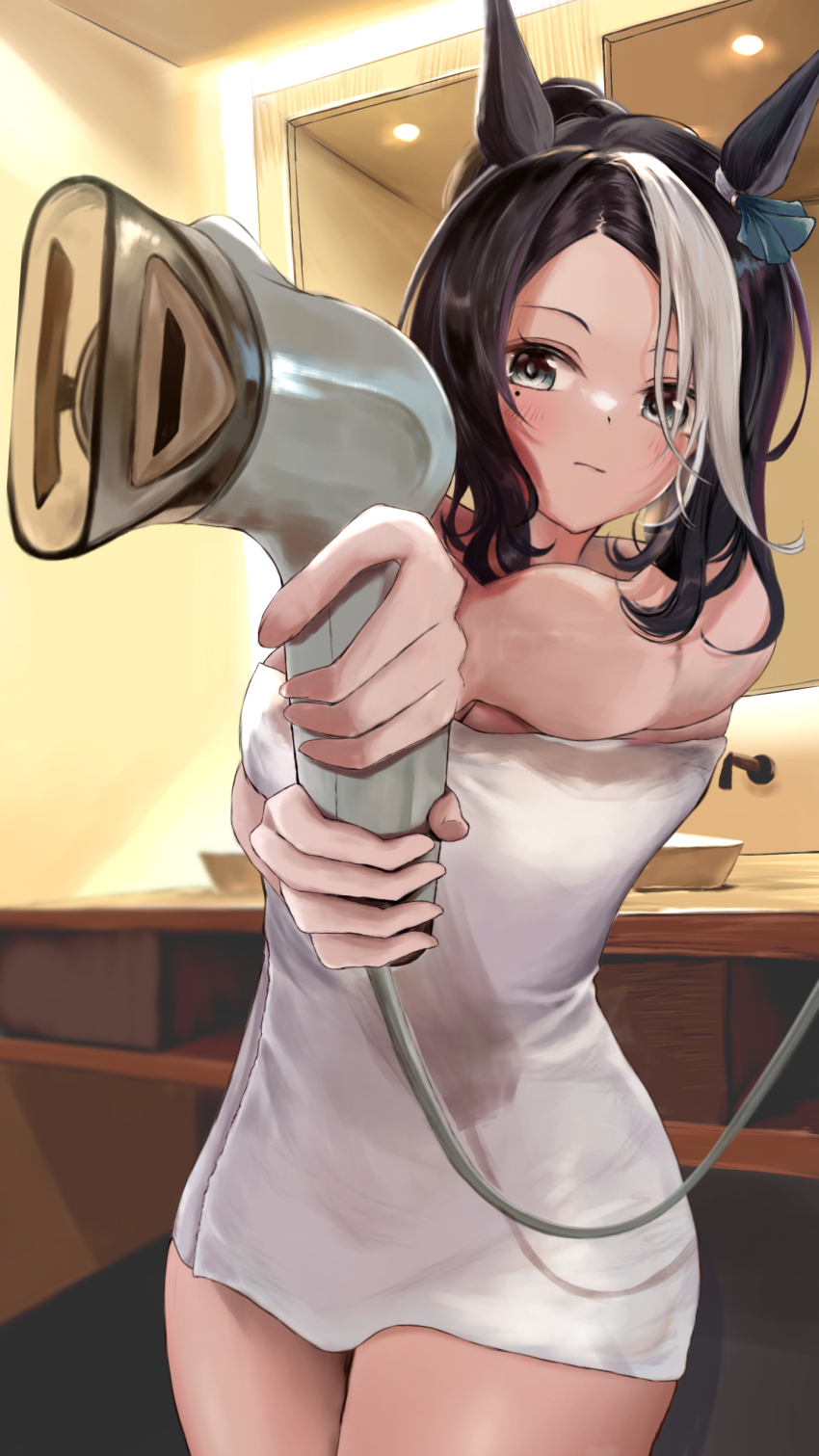 1girl absurdres animal_ears bathroom black_hair breasts cowboy_shot grey_eyes hair_bun hair_dryer highres holding holding_hair_dryer horse_ears horse_girl indoors large_breasts mejiro_ramonu_(umamusume) mole mole_under_eye multicolored_hair naked_towel solo streaked_hair towel umainu_2002 umamusume white_hair