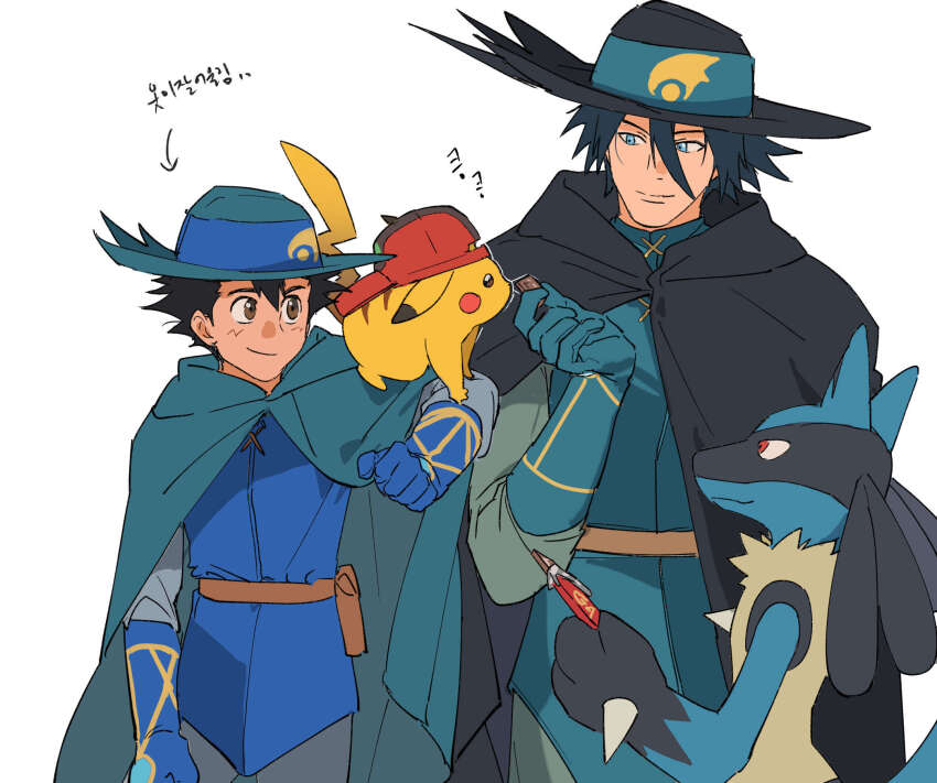 2boys arrow_(symbol) ash_ketchum black_cloak black_hat blue_gloves blue_vest brown_bag cloak commentary_request creatures_(company) game_freak gen_1_pokemon gen_4_pokemon gloves grey_pants grey_shirt hand_up hat highres holding korean_commentary korean_text lucario male_focus multiple_boys nintendo pants pikachu pokemon pokemon:_lucario_and_the_mystery_of_mew pokemon_(anime) pokemon_(creature) pokemon_on_arm pokemon_rse_(anime) sangrokei shirt sir_aaron translation_request vest