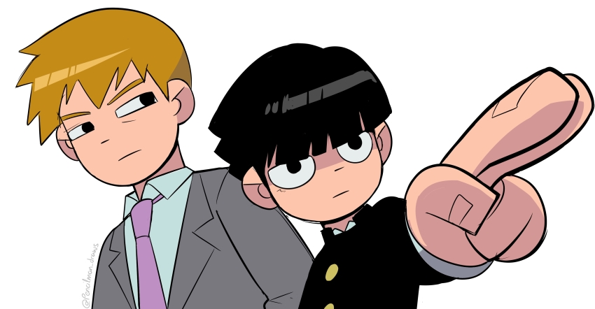 2boys absurdres black_eyes black_hair blonde_hair bowl_cut commentary expressionless formal_clothes gakuran grey_suit highres kageyama_shigeo male_focus mob_psycho_100 multiple_boys necktie parody pencilman_draws pink_necktie pointing reigen_arataka school_uniform scott_pilgrim_(series) style_parody suit