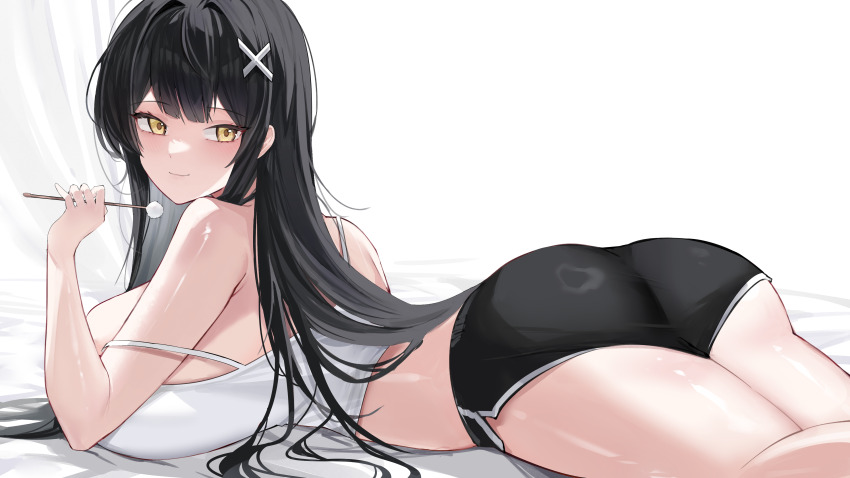 1girl absurdres ass bare_shoulders black_hair black_shorts blush breasts gurami_(zangizarang) highres huge_breasts looking_at_viewer original short_shorts shorts tank_top thighs white_tank_top yellow_eyes