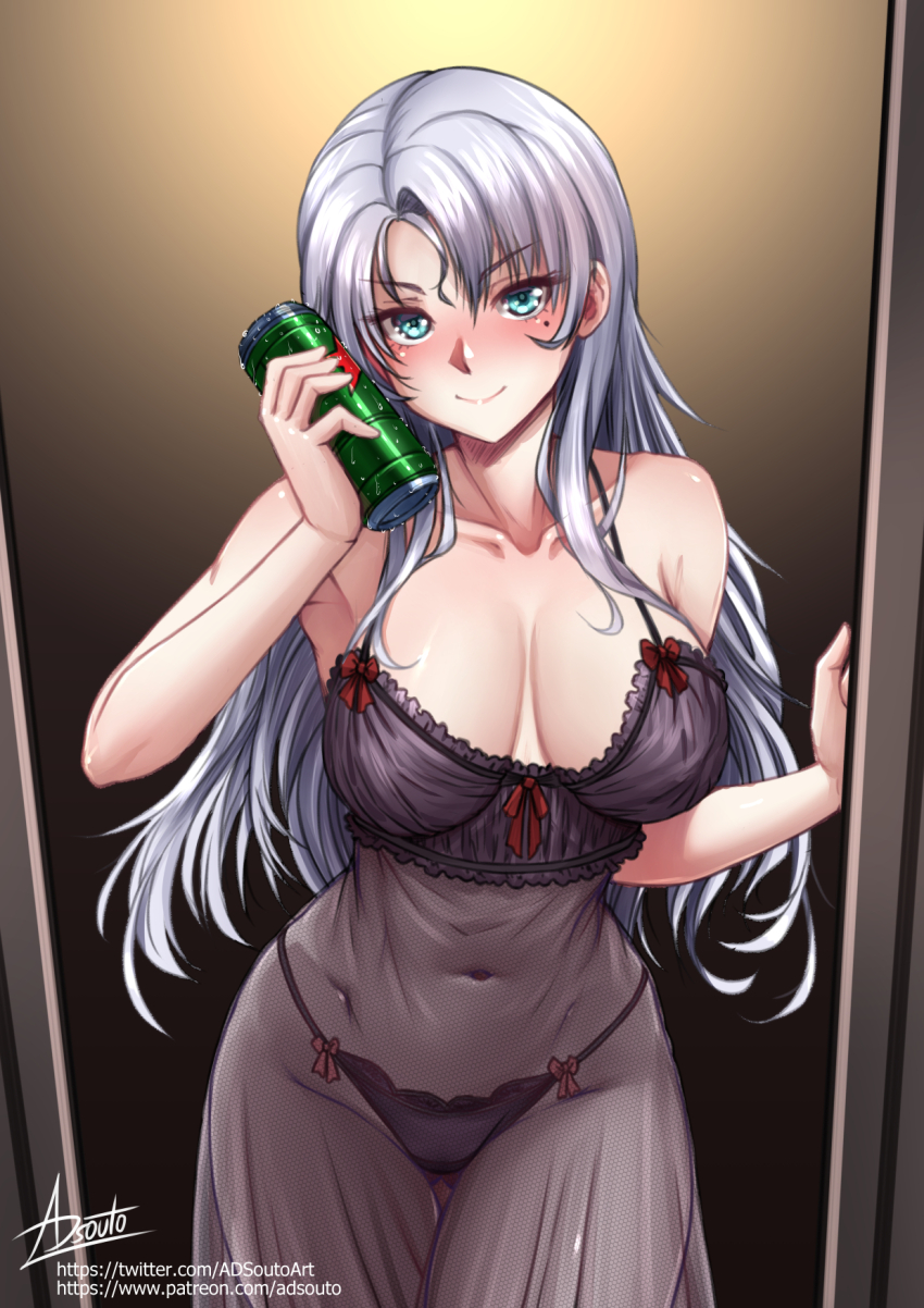 1girl adsouto aqua_eyes beer_can blush boku_wa_tomodachi_ga_sukunai breasts can collarbone drink_can grey_hair highres holding holding_can long_hair looking_at_viewer medium_breasts mole mole_under_eye nightgown see-through_clothes signature solo standing takayama_kate underwear