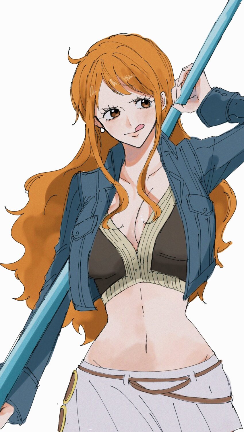 1girl breasts cleavage crop_top cropped_jacket earrings highres holding holding_weapon jacket jewelry long_hair nami_(one_piece) omaruya one_piece open_clothes open_jacket orange_eyes orange_hair pearl_earrings shirt sidelocks simple_background skirt solo tongue tongue_out weapon white_background white_shirt