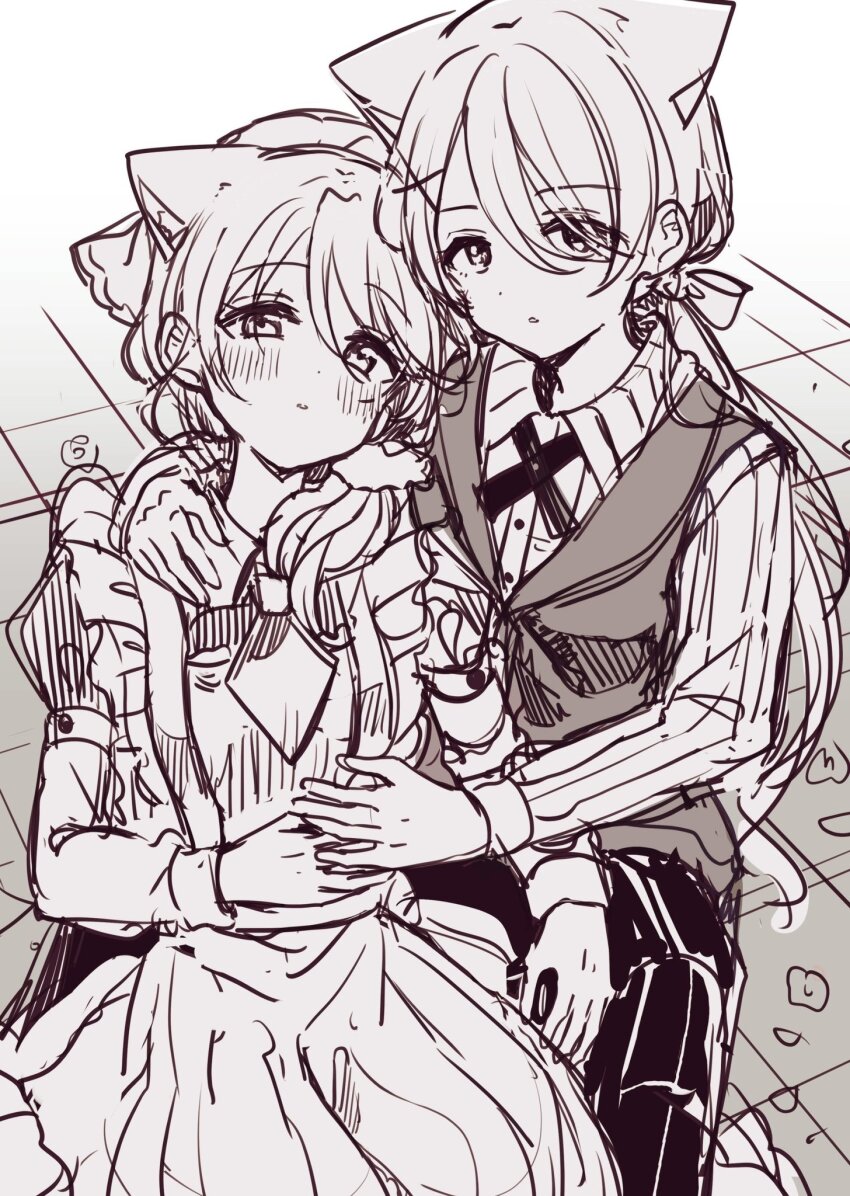 2girls animal_ear_fluff animal_ears apron blush cat_ears collared_shirt commentary_request dress dress_shirt frilled_apron frills fushigi_na_neko_no_machi_meltier greyscale hair_ornament hair_over_one_eye highres layered_sleeves long_hair long_sleeves looking_at_viewer maid_headdress makia_(fushigi_na_neko_no_machi_meltier) monochrome multiple_girls parted_lips puffy_short_sleeves puffy_sleeves sakura_oriko shirt short_over_long_sleeves short_sleeves sketch very_long_hair vest x_hair_ornament