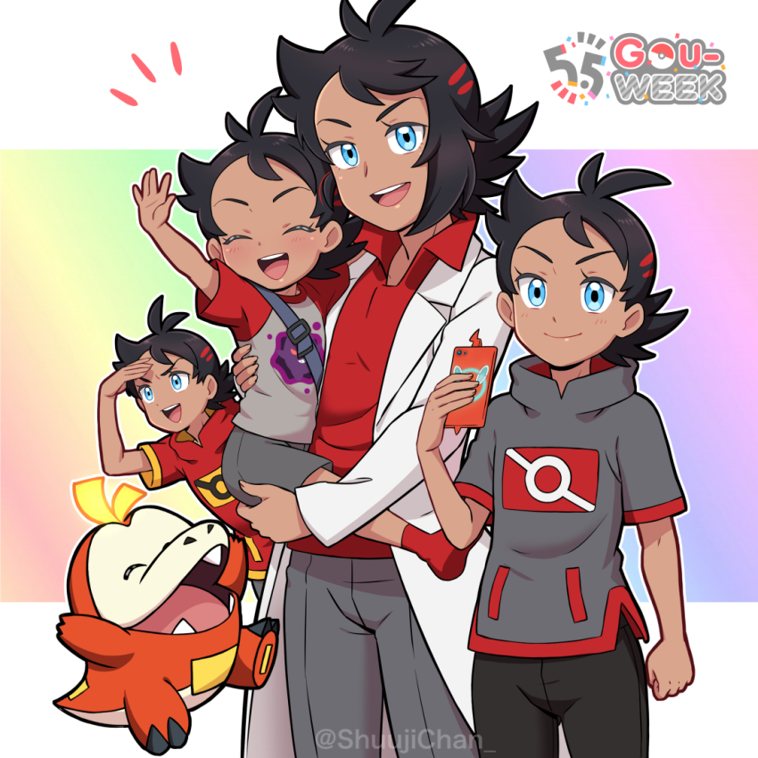 4boys :d aged_up black_hair black_pants blue_eyes carrying character_name coat collared_shirt commentary_request creatures_(company) eyelashes family fuecoco game_freak gen_4_pokemon goh_(pokemon) grey_pants grey_shirt holding holding_phone male_focus multiple_boys nintendo notice_lines open_clothes open_coat open_mouth pants phone pokemon pokemon_(anime) pokemon_(creature) pokemon_journeys red_shirt rotom rotom_phone sara_bon shirt short_sleeves smile teeth tongue upper_teeth_only white_coat
