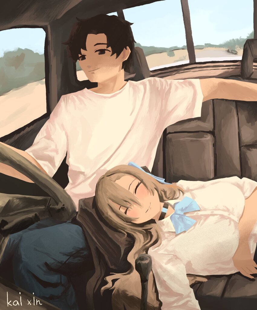 1boy 1girl absurdres asuna_(blue_archive) black_hair blue_archive blue_bow blue_bowtie bow bowtie breasts car_interior car_seat choker closed_eyes derivative_work driving hair_between_eyes highres large_breasts light_brown_hair long_hair pants photo-referenced sensei_(blue_archive) sensei_(blue_archive_the_animation) shirt short_hair short_sleeves sitting sleeping smile steering_wheel vehicle_interior white_shirt zheng_kai_xin