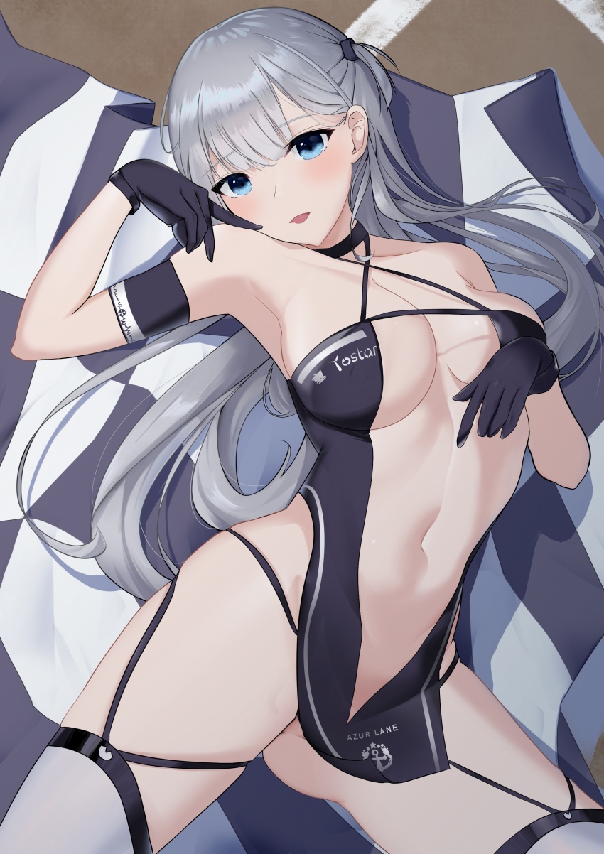 1girl absurdres aikawa_lotus arm_strap armpits azur_lane bare_hips bare_shoulders black_gloves blue_eyes blush breasts center_opening checkered_flag cleavage collarbone criss-cross_halter dress flag gloves halter_dress halterneck highres large_breasts long_hair looking_at_viewer lying navel on_back one_side_up open_mouth pelvic_curtain race_queen revealing_clothes shoukaku_(azur_lane) shoukaku_(sororal_wings)_(azur_lane) silver_hair smile thighhighs thighs white_thighhighs