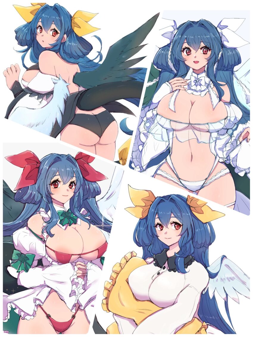 1girl angel_wings ass asymmetrical_wings bare_shoulders bikini black_panties blue_hair blush bow bowtie breasts buttons center_opening chemaru_(a8l) christmas cleavage closed_mouth clothes_lift collar commentary_request covered_erect_nipples curvy detached_collar detached_sleeves dizzy_(guilty_gear) dress feathered_wings flip-flops frilled_collar frilled_dress frilled_skirt frills from_behind full_body garter_belt gluteal_fold green_bow green_bowtie green_wings guilty_gear guilty_gear_xrd hair_between_eyes hair_ornament hair_ribbon hair_rings hand_on_own_chest highres hugging_object juliet_sleeves kneeling large_breasts long_hair long_sleeves looking_at_viewer looking_back mature_female monster_girl navel open_mouth own_hands_together panties pillow pillow_hug puffy_long_sleeves puffy_sleeves red_bikini red_eyes red_panties red_ribbon ribbon sandals see-through showgirl_skirt simple_background sitting skindentation skirt skirt_lift smile solo sparkle swimsuit tail tail_bow tail_ornament tail_ribbon thick_thighs thigh_gap thigh_strap thighhighs thighs twintails underwear white_background white_bow white_bowtie white_footwear white_panties white_ribbon white_sleeves white_thighhighs white_wings wide_hips wide_sleeves wings yellow_ribbon