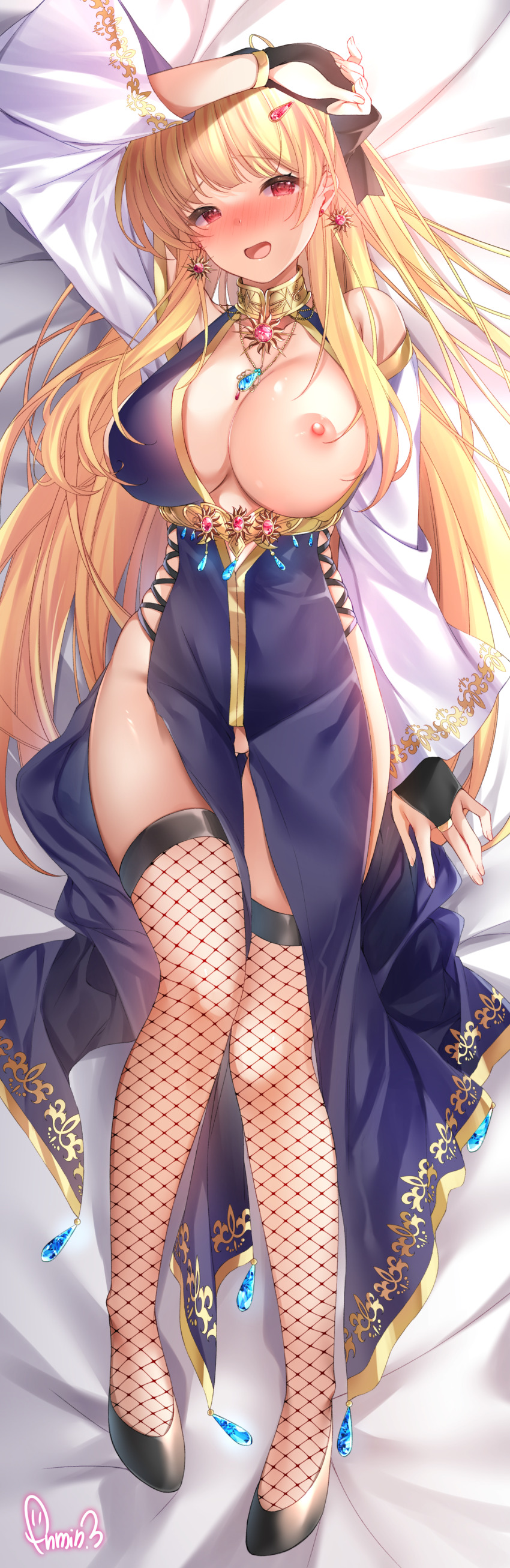 1girl absurdres black_footwear black_gloves blonde_hair blue_dress blush breasts circlet cleavage commentary_request commission cross-laced_clothes cross-laced_dress cross-laced_slit dakimakura_(medium) dress drop.b earrings fingerless_gloves fishnet_thighhighs fishnets gloves gluteal_fold gold_circlet highres jewelry large_breasts long_hair long_sleeves looking_at_viewer lying necklace nipples nose_blush on_back one_breast_out open_mouth original red_eyes shirt sideless_dress signature skeb_commission solo teardrop_necklace thighhighs very_long_hair white_sleeves