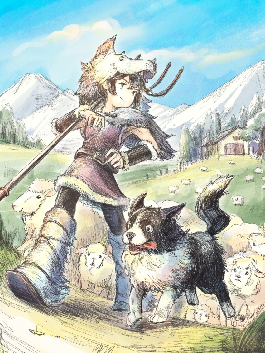 1girl alternate_costume belt blue_sky brown_hair closed_mouth cloud commentary_request dog highres holding holding_pitchfork mountain octopath_traveler octopath_traveler_i on_grass outdoors pitchfork qqqqqli sheep sky smile tongue tongue_out tressa_colzione walking