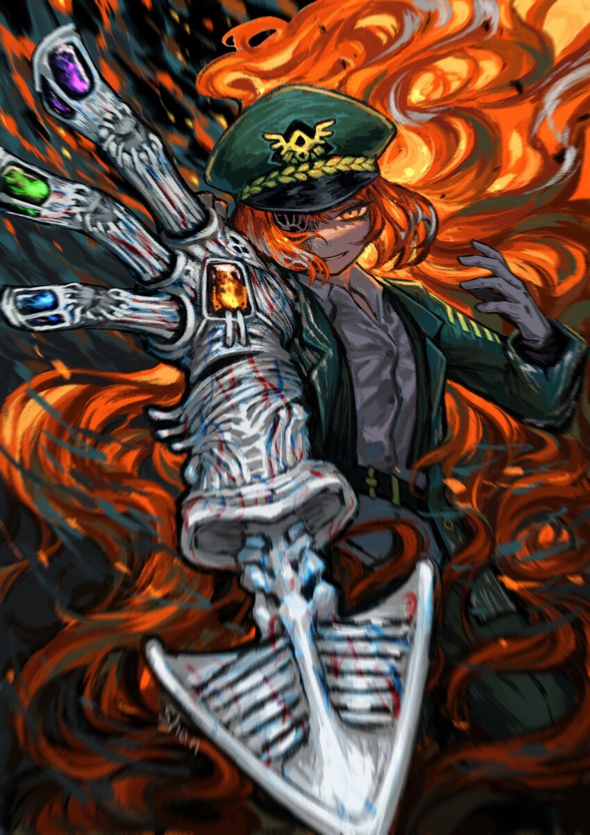 1girl coat collared_shirt e.g.o_(project_moon) floating_hair green_coat green_hat harpoon hat highres ishmael_(project_moon) limbus_company long_hair military_hat military_uniform orange_eyes orange_hair pointing pointing_at_viewer project_moon shan23852196 shirt solo upper_body very_long_hair white_shirt wing_collar