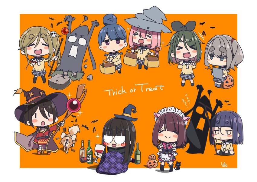 6+girls bandaged_leg bandages belt black_hair black_thighhighs blue_hair blush brown_hair cape chikuwa_(yurucamp) closed_eyes closed_mouth cosplay dress fang fingerless_gloves glasses gloves green_hair grey_hair hair_bun hair_ornament halloween halloween_costume happy_halloween hat highres holding iida_(yurucamp) inuyama_aoi jack-o&#039;-lantern kagamihara_nadeshiko kono_subarashii_sekai_ni_shukufuku_wo! long_hair long_sleeves maid megumin megumin_(cosplay) mizunami_ema motosu_school_uniform multiple_girls nakatsugawa_mei oogaki_chiaki open_mouth pink_hair purple_eyes red_dress saitou_ena school_uniform shima_rin short_hair side_ponytail single_hair_bun single_thighhigh smile staff thick_eyebrows thighhighs toba_minami toki_ayano trick_or_treat voice_actor_connection witch witch_hat yas_(yosiyasuyasu) yurucamp