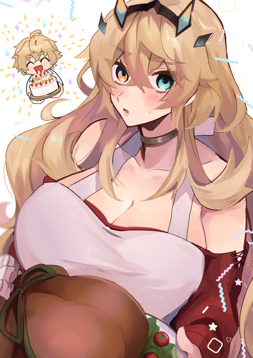 1boy 1girl aomattya apron blonde_hair breasts cake choker barghest_(fate) fate/grand_order fate_(series) food gawain_(fate) heterochromia highres huge_breasts long_hair strapless tray turkey_(food)