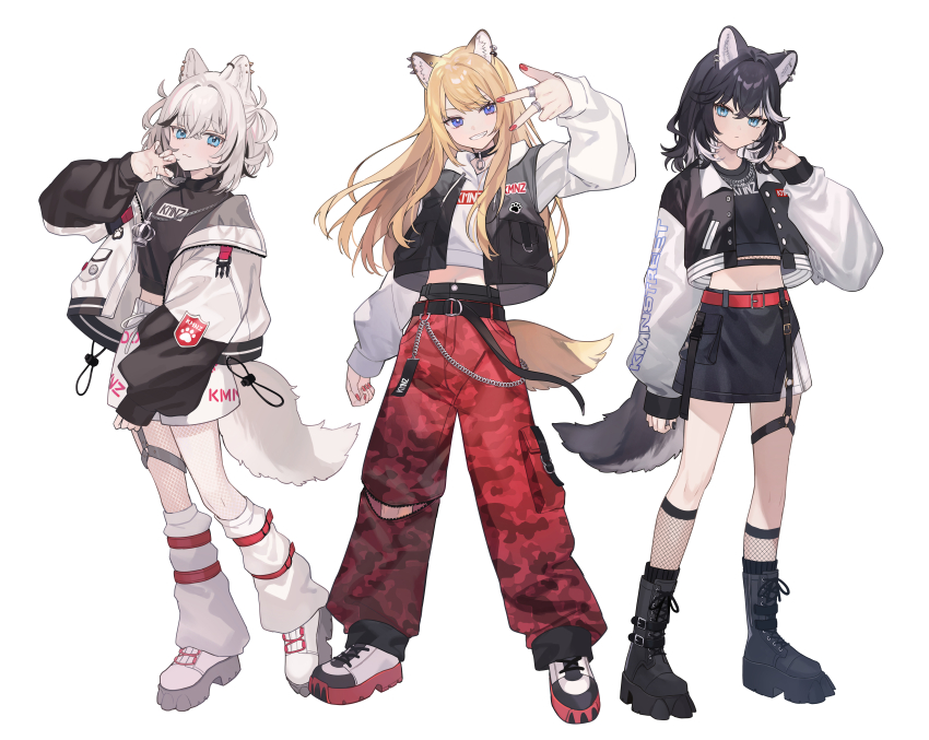 3girls absurdres animal_ears belt black_belt black_footwear black_hair black_shirt black_tail black_vest blonde_hair blue_eyes boots chain crop_top crossed_bangs dog_ears dog_girl dog_tail ear_piercing earrings fishnet_pantyhose fishnets full_body grin hand_up highres hood hood_down hoodie jacket jewelry kmnz letterman_jacket lita_(kmnz) long_hair looking_at_viewer loose_socks medium_hair midriff multicolored_hair multiple_girls navel nero_(kmnz) official_art pants pantyhose piercing platform_footwear print_shirt print_shorts red_belt red_nails red_pants second-party_source shirt shorts shugao simple_background skirt smile socks streaked_hair streetwear tail tina_(kmnz) turtleneck turtleneck_shirt two-tone_hair two_side_up vest w white_background white_footwear white_hair white_hoodie white_jacket white_nails white_shorts white_socks white_tail yellow_tail zipper