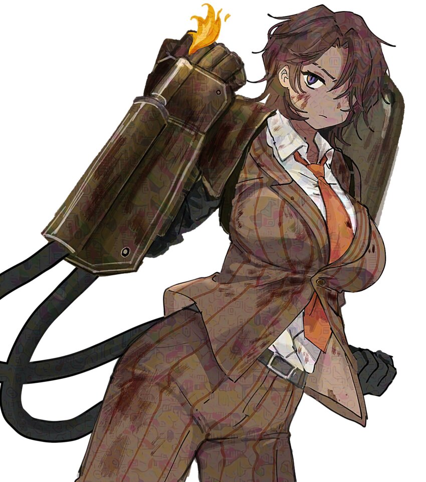 1girl adversarial_noise black_gloves breasts brown_hair brown_pants cable closed_mouth collared_shirt cowboy_shot fire flamethrower gauntlets genderswap genderswap_(mtf) gloves heathcliff_(project_moon) highres large_breasts limbus_company looking_at_viewer ngancurindunia pants parted_bangs project_moon purple_eyes shirt short_hair simple_background solo weapon white_background white_shirt