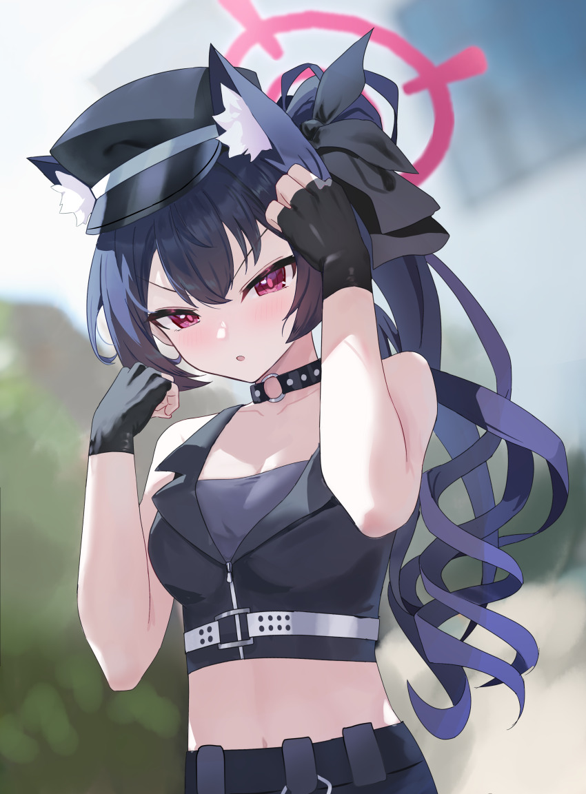 1girl absurdres animal_ear_fluff animal_ears belt black_belt black_gloves black_hair black_ribbon black_vest blue_archive blurry blurry_background blush breasts cat_ears cat_girl choker cleavage fingerless_gloves gloves hair_ribbon halo hat highres long_hair medium_breasts midriff mixian narrowed_eyes navel o-ring o-ring_choker official_alternate_costume parted_lips peaked_cap red_eyes ribbon serika_(blue_archive) serika_(idol)_(blue_archive) shirt side_ponytail sleeveless sleeveless_shirt solo standing stomach studded_choker upper_body v-shaped_eyebrows vest