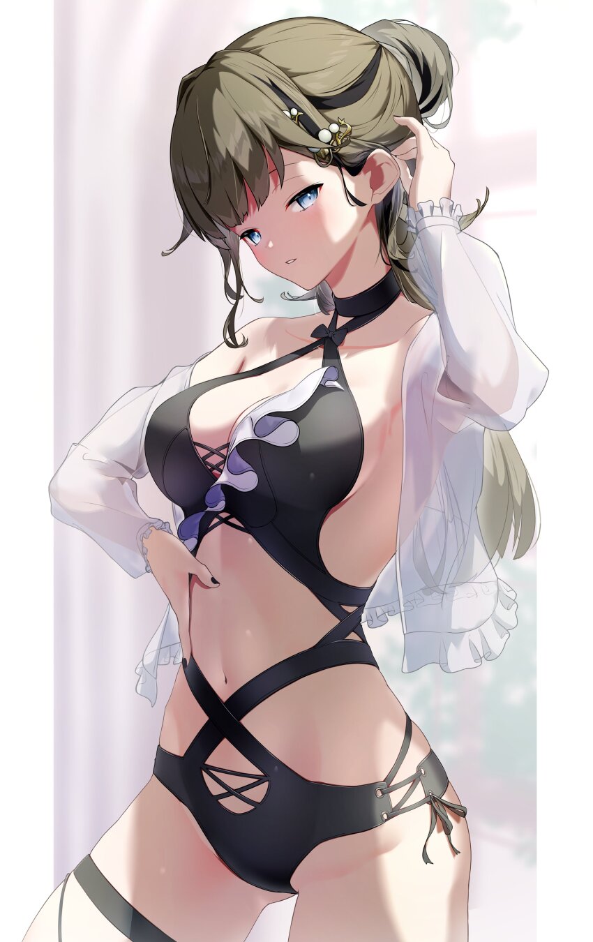 1girl absurdres alternate_costume black_choker black_hair black_nails black_one-piece_swimsuit blue_eyes breasts brown_hair center_opening choker cleavage criss-cross_halter cross-laced_clothes cross-laced_one-piece_swimsuit frilled_shirt frills hair_behind_ear hair_bun halterneck hanabusa_lisa hand_on_own_stomach highres large_breasts long_sleeves looking_at_viewer multicolored_hair navel one-piece_swimsuit open_clothes open_shirt parted_lips see-through_clothes see-through_shirt shirt side-tie_swimsuit solo stomach streaked_hair swimsuit tokonagi_yori tucking_hair virtual_youtuber vspo! white_shirt