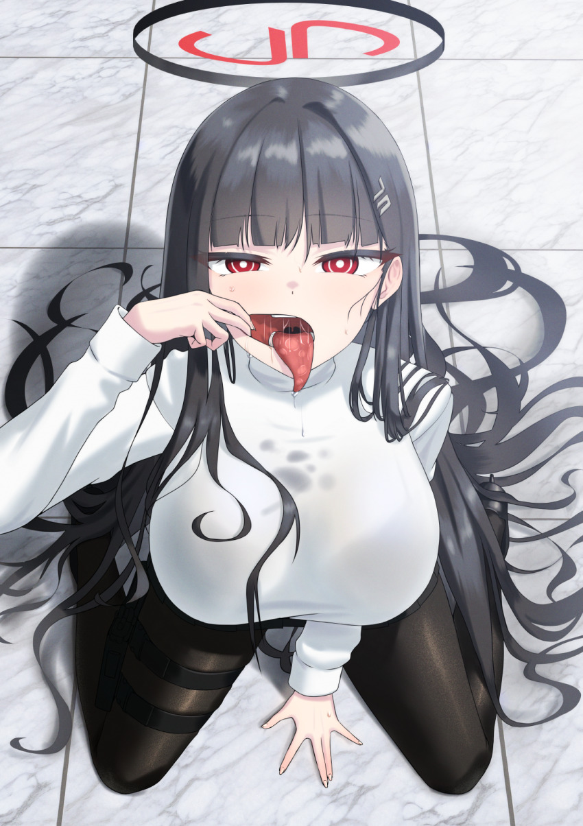 1girl af2345 black_footwear black_hair black_pantyhose blue_archive breasts commentary drooling hair_ornament hairclip halo high_heels highres large_breasts long_hair looking_at_viewer open_mouth pantyhose red_eyes ringed_eyes rio_(blue_archive) saliva sitting solo sweater teeth tongue tongue_out turtleneck turtleneck_sweater very_long_hair wariza