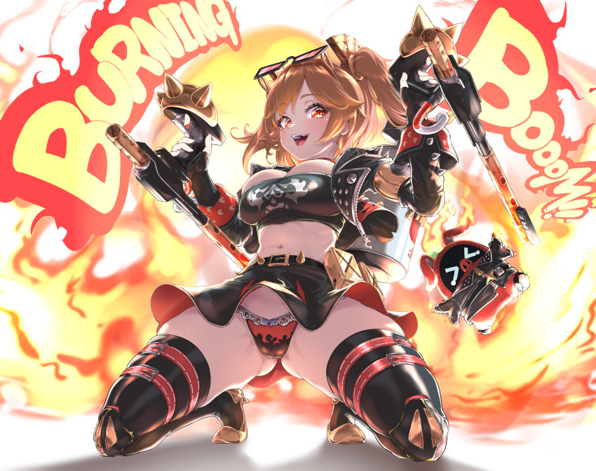 1girl belt black_belt black_gloves black_jacket black_skirt black_thighhighs black_tube_top blonde_hair blush breasts burnice_white commentary_request crop_top cropped_jacket eyewear_on_head fingerless_gloves fire flamethrower full_body gloves highres holding holding_flamethrower holding_weapon jacket kneeling large_breasts long_hair long_sleeves looking_at_viewer miniskirt navel open_clothes open_jacket open_mouth panties red-tinted_eyewear red_eyes skirt smile solo spiked_belt spiked_jacket stomach strapless sunglasses syam_illust teeth thigh_belt thigh_strap thighhighs thighs tinted_eyewear tiptoes tube_top twintails underwear upper_teeth_only weapon zenless_zone_zero