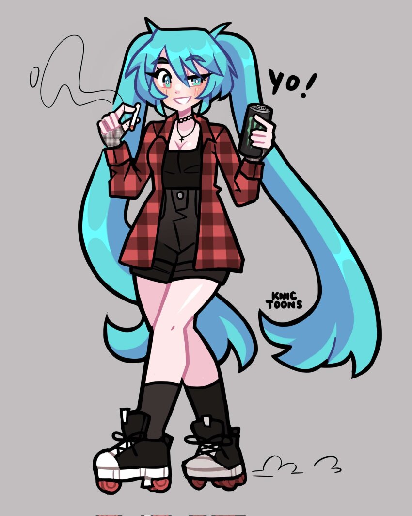 1girl aqua_eyes aqua_hair artist_name black_footwear black_shorts black_socks blush breasts can cigarette cleavage corrupted_twitter_file cross cross_necklace flannel grey_background hatsune_miku highres holding holding_can holding_cigarette jewelry knic_toons long_hair long_sleeves looking_at_viewer midwestern_miku_(knic_toons) monster_energy necklace parted_lips plaid_clothes plaid_shirt red_shirt roller_skates shirt shorts simple_background skates smile smoking socks solo twintails very_long_hair vocaloid worldwide_miku