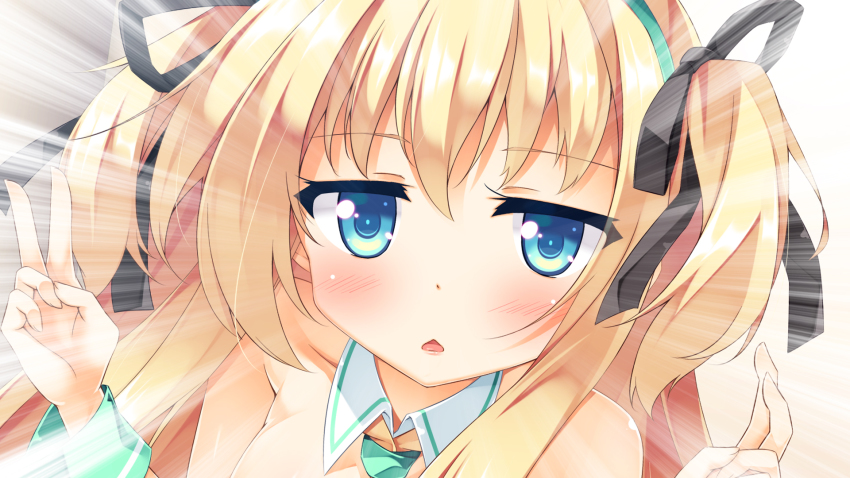 1girl blonde_hair blue_eyes blush borrowed_character chestnut_mouth close-up detached_collar double_v female_focus hair_ornament hair_ribbon highres long_hair looking_at_viewer original ribbon shimotsuki_potofu solo syuurin twintails two_side_up v