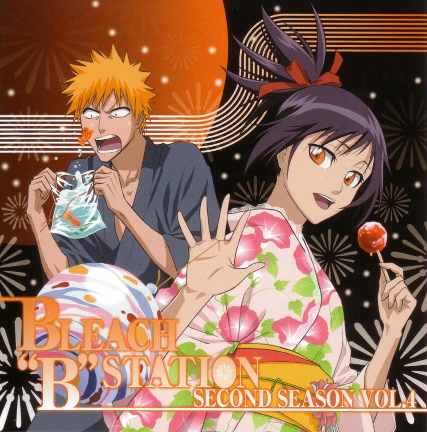 00s 1boy 1girl alternate_costume bleach bleach:_memories_of_nobody bow candy_apple firework_background fireworks fish floating_hair food hair_bow hair_ribbon high_ponytail highres holding holding_food japanese_clothes kimono kurosaki_ichigo looking_at_viewer official_art open_mouth orange_hair playing_games purple_hair ribbon salute scan senna_(bleach) short_hair simple_background smile spiked_hair sweat title two-tone_background upper_body