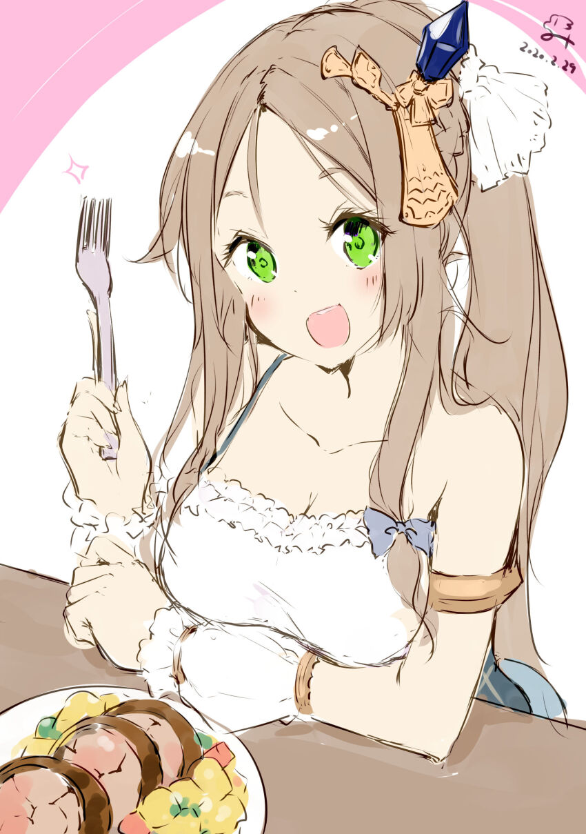 1girl :d absurdres armlet atelier_(series) atelier_lydie_&amp;_suelle bare_shoulders breasts brown_hair cleavage crystal_hair_ornament detached_sleeves firis_mistlud food fork green_eyes highres holding holding_fork jewelry long_hair looking_at_viewer meat medium_breasts minidraco open_mouth plate ponytail shirt smile solo table upper_body white_shirt