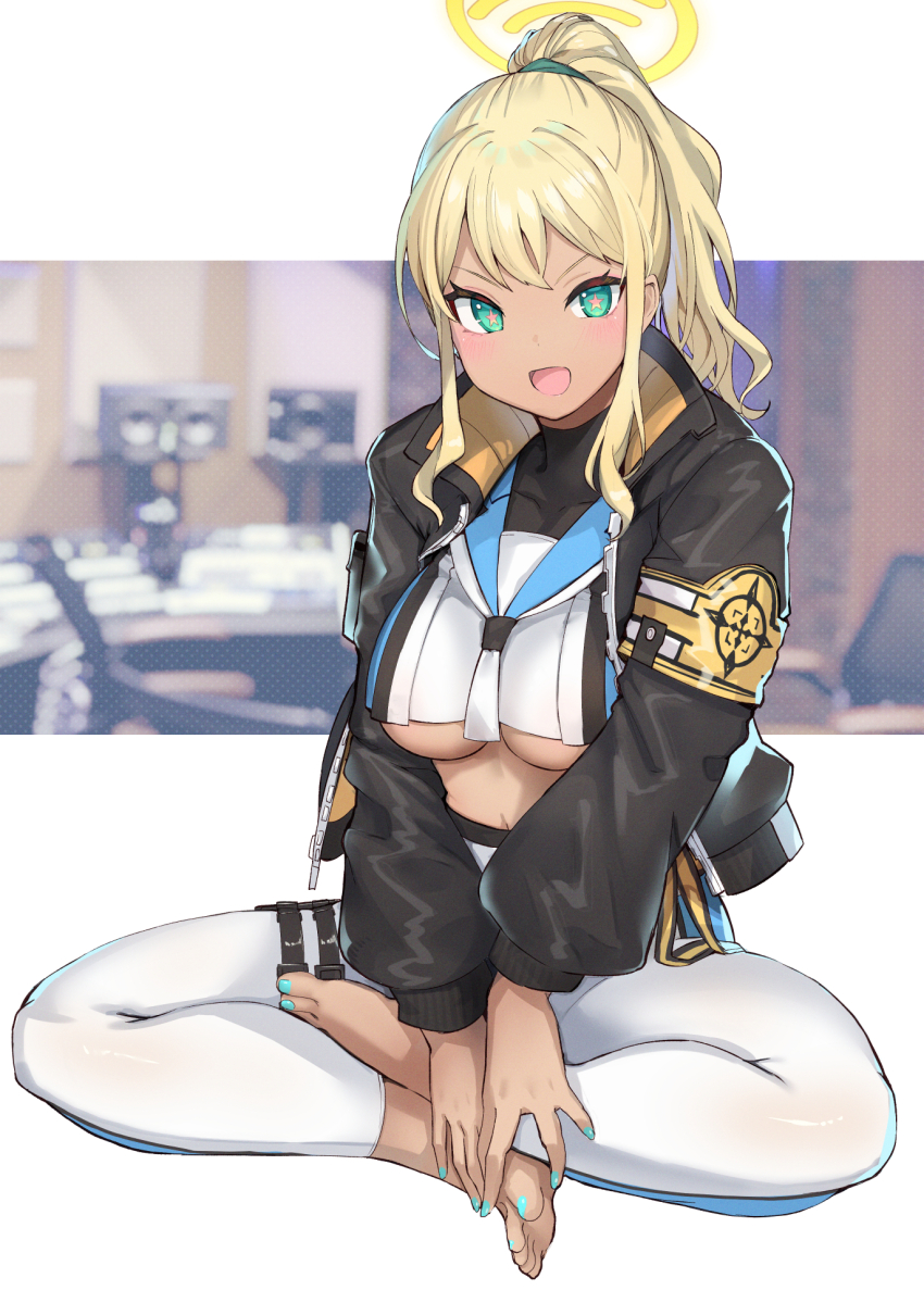 1girl armband barefoot black_jacket blonde_hair blue_archive blurry blurry_background blush breasts cropped_shirt dark-skinned_female dark_skin fingernails halo highres indian_style isegawa_yasutaka jacket large_breasts letterboxed looking_at_viewer nail_polish navel pants ponytail recording_studio shinon_(blue_archive) shirt sidelocks sitting smile solo star-shaped_pupils star_(symbol) symbol-shaped_pupils toenail_polish toenails underboob white_pants white_shirt yellow_armband