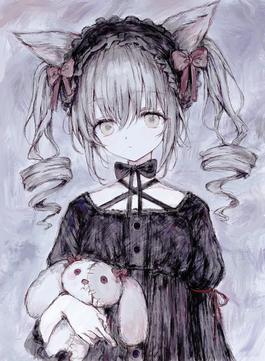 1girl animal_ears black_dress black_hairband black_ribbon closed_mouth dress drill_hair expressionless gothic_lolita grey_background grey_eyes grey_hair hair_between_eyes hairband highres holding holding_stuffed_toy lolita_fashion lolita_hairband long_hair long_sleeves looking_at_viewer original protected_link puffy_sleeves ribbon solo stuffed_animal stuffed_rabbit stuffed_toy twintails upper_body yuyuyuyhz