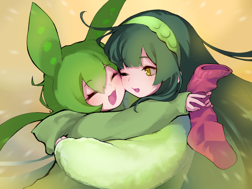 2girls :3 animal_ears blush cheek-to-cheek christmas_stocking closed_eyes commentary_request green_hair hairband heads_together highres holding holding_sock hood hood_down hoodie hug long_hair long_sleeves looking_at_another looking_to_the_side low_ponytail marutsubo multiple_girls one_eye_closed sleeves_past_wrists touhoku_zunko unworn_socks upper_body vocaloid voiceroid voicevox yellow_background yellow_eyes zundamon