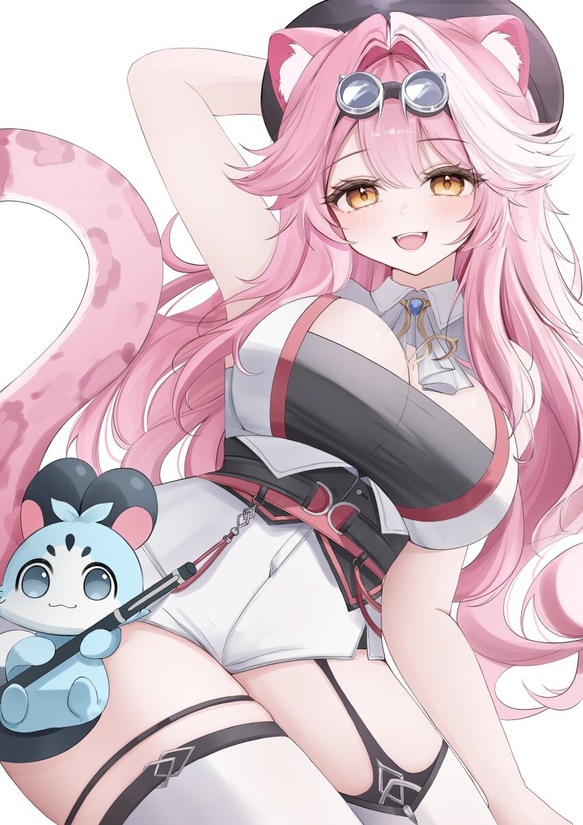 absurdres animal_ears arm_up beret black_hat black_tube_top breasts cat_ears cat_girl cat_tail chattino_(raora_panthera) goggles goggles_on_head hat highres hololive hololive_english large_breasts long_hair looking_at_viewer pink_hair raora_panthera raora_panthera_(1st_costume) shorts smile solo strapless tail thigh_strap thighhighs tube_top vest virtual_youtuber white_hair white_shorts white_thighhighs white_vest yellow_eyes yumiewuri