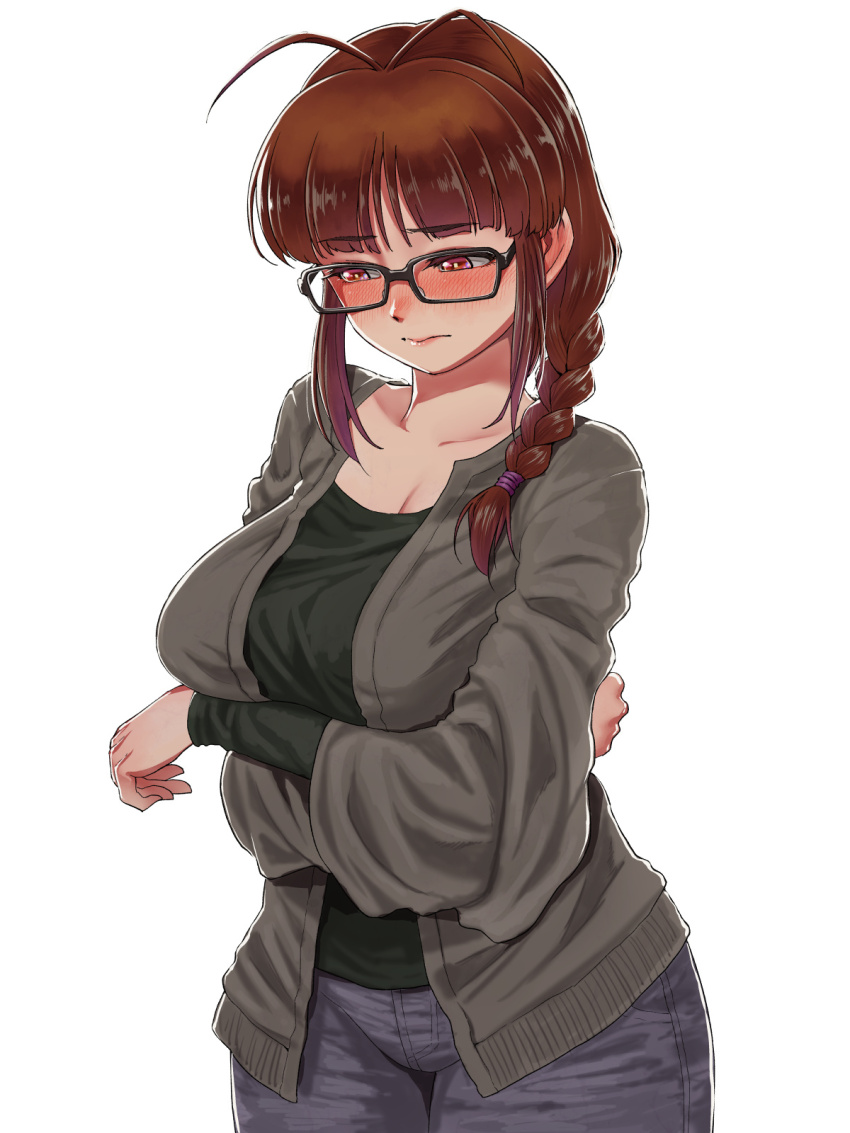 1girl akizuki_ritsuko antenna_hair arms_under_breasts black-framed_eyewear blunt_bangs blush braid braided_ponytail breasts brown_hair cardigan chiaki_rakutarou cleavage collarbone commentary glasses green_cardigan green_shirt hair_over_shoulder highres idolmaster idolmaster_(classic) idolmaster_million_live! large_breasts looking_down nose_blush red_eyes shirt simple_background solo white_background