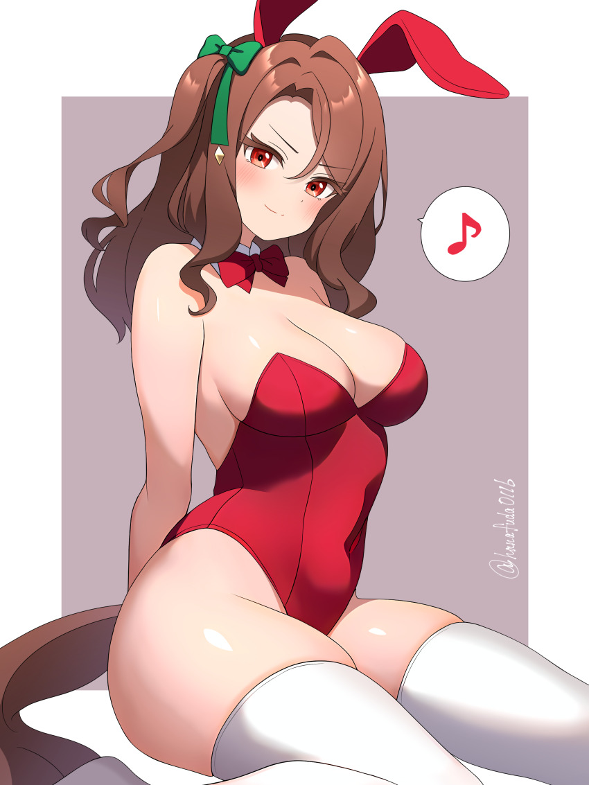 1girl absurdres animal_ears breasts brown_hair cleavage fake_animal_ears hanafuda_(hanafuda0116) highres horse_girl horse_tail king_halo_(umamusume) leotard playboy_bunny red_eyes red_leotard solo strapless strapless_leotard tail umamusume