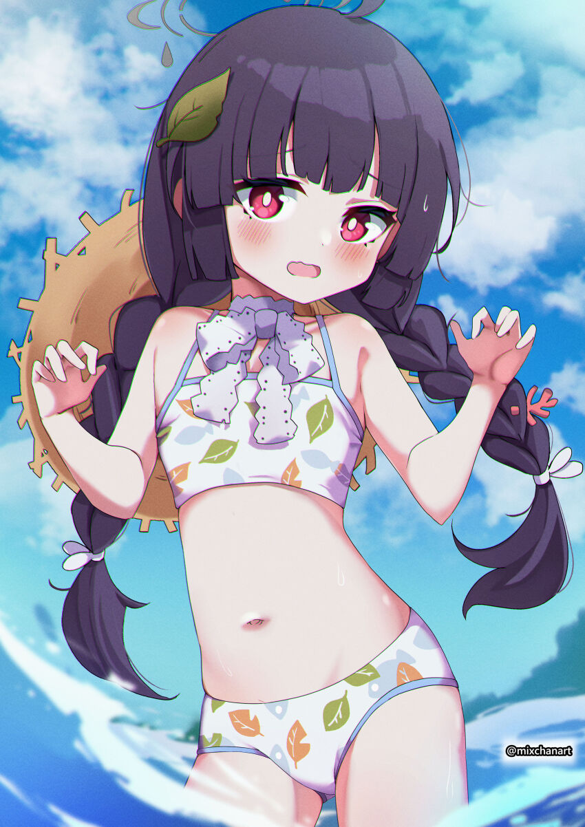 1girl absurdres ahoge bikini black_hair blue_archive blue_sky blush braid cloud cloudy_sky day grey_halo halo hat hat_on_back highres leaf leaf_on_head leaf_print long_hair mixchanart miyu_(blue_archive) miyu_(swimsuit)_(blue_archive) navel ocean official_alternate_costume outdoors print_bikini ribbon sky solo straw_hat swimsuit twin_braids white_bikini white_ribbon